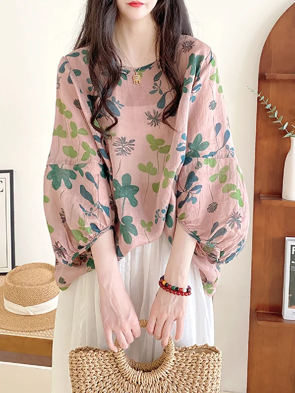 Women Summer Artsy Flower Loose O-Neck Shirt Cozy Women's Sherpa - lined