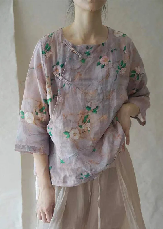 Beautiful Purple O-Neck Button Linen Shirt Half Sleeve Elegant Women's 