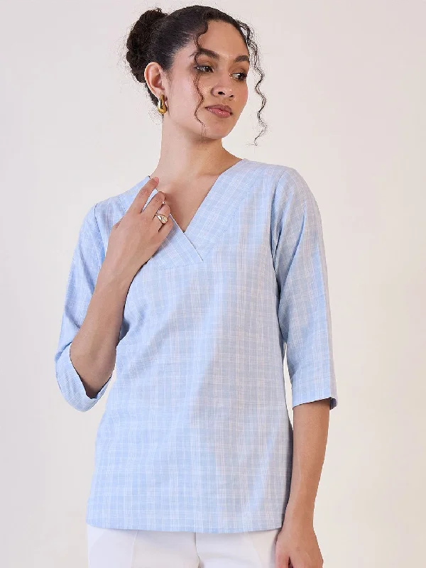 Blue Check V-Neck Top Dapper Women's 1920S