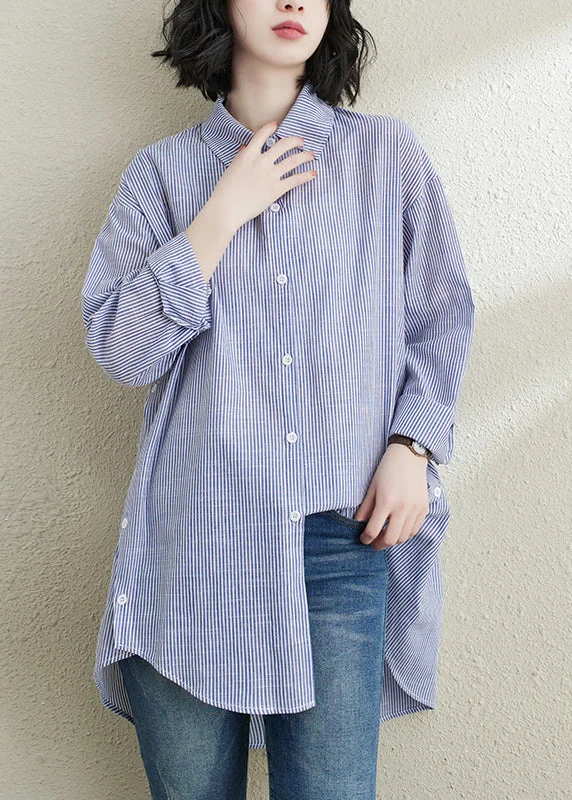 Italian Blue Peter Pan Collar Striped Cotton Shirt Tops Spring Traditional Women's Wool Italian Blue Peter Pan Collar Striped Cotton Shirt Tops Spring Traditional Women's Wool