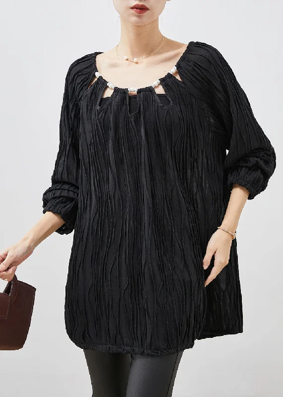 Black Cotton Blouse Tops Wrinkled Hollow Out Spring Artistic Women's Avant - 