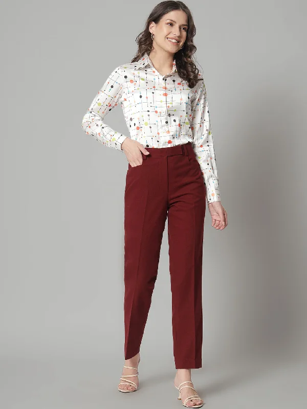 Printed Collared Shirt- White Modern Women's 