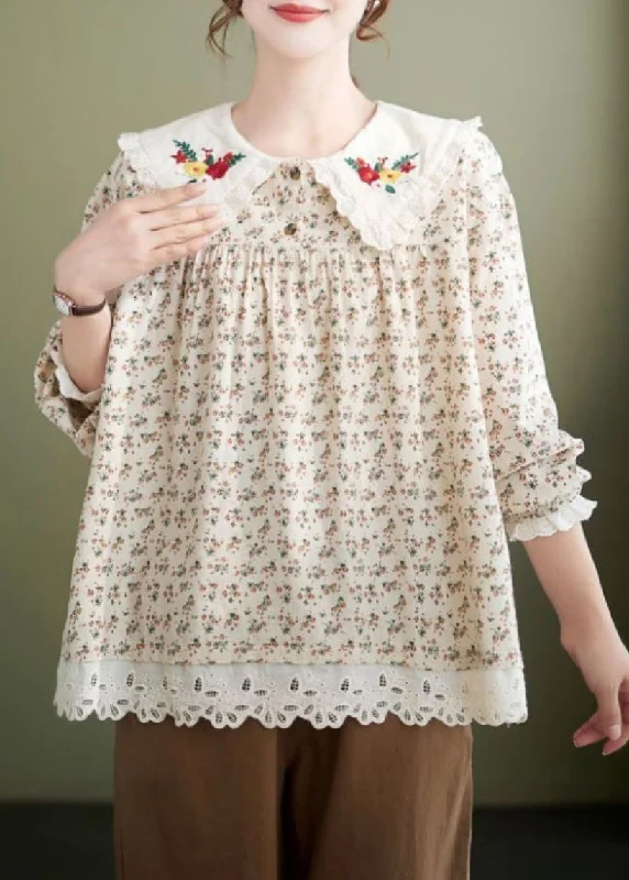 New Apricot Peter Pan Collar Print Cotton T Shirt Spring Trendy Women's 