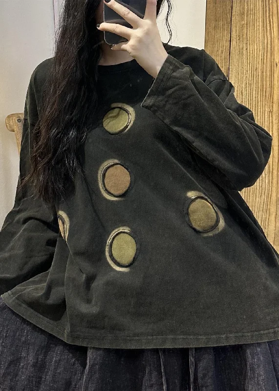 Retro Casual Black O Neck Patch Cotton T Shirts Tops Long Sleeve Bold Women's Statement