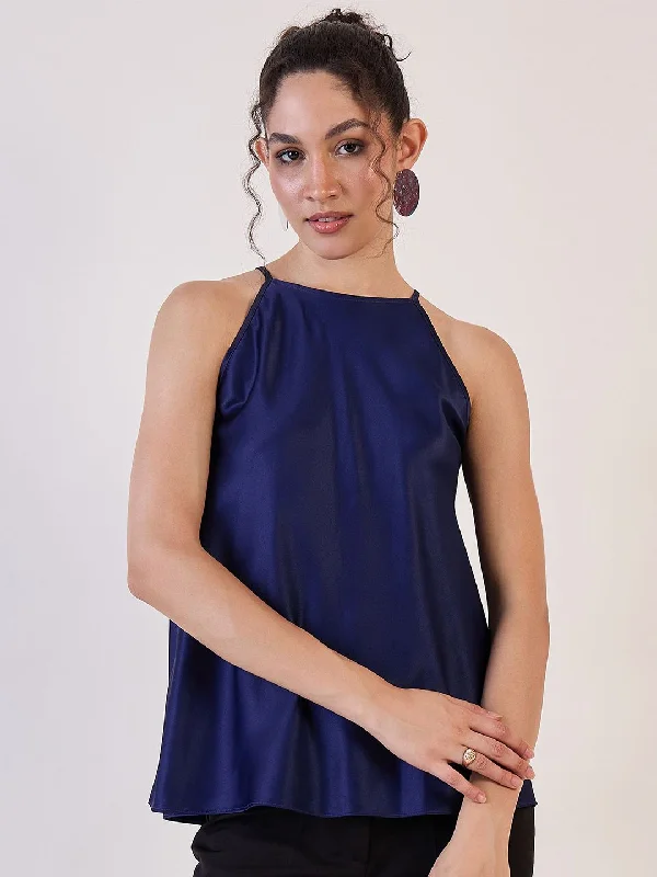 Blue Satin Halter Neck Top Youthful Women's Pop