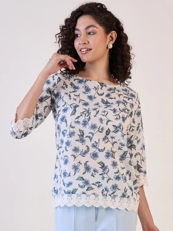 White Floral Boat Neck Top Practical Women's Multi - 