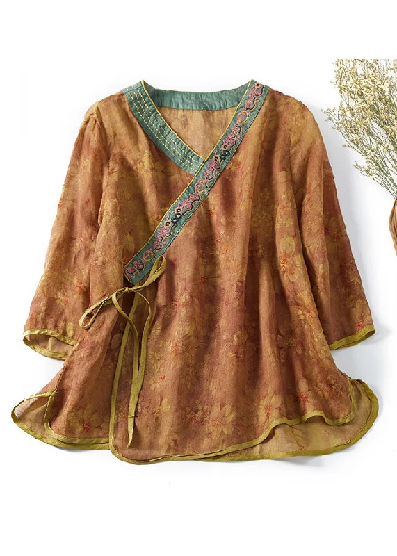 Orange Lace Up Patchwork Cotton Shirts V Neck Spring Cashmere
