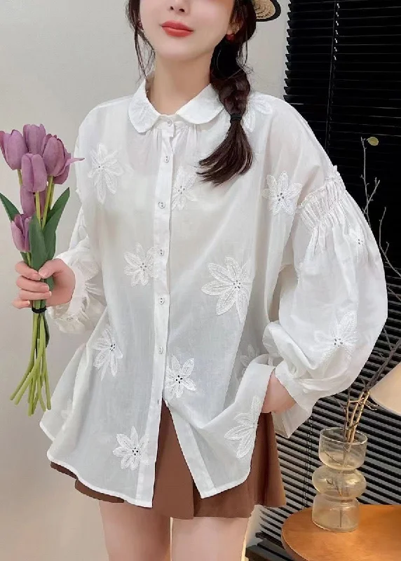 New White Embroidered Button Cotton Shirt Long Sleeve Laid - back Women's Style