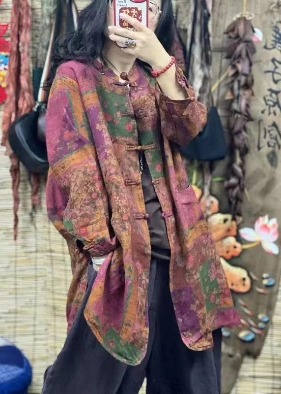 Bohemian Colorblock Stand Collar Print Mid Linen Shirt Spring Country