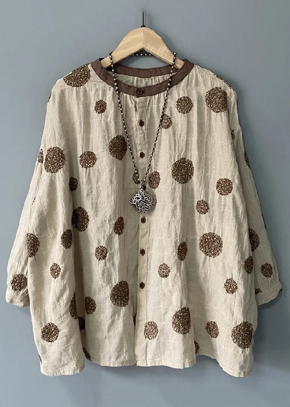 Loose Beige Button Dot Patchwork Linen Shirts Spring Polished Women's Silk