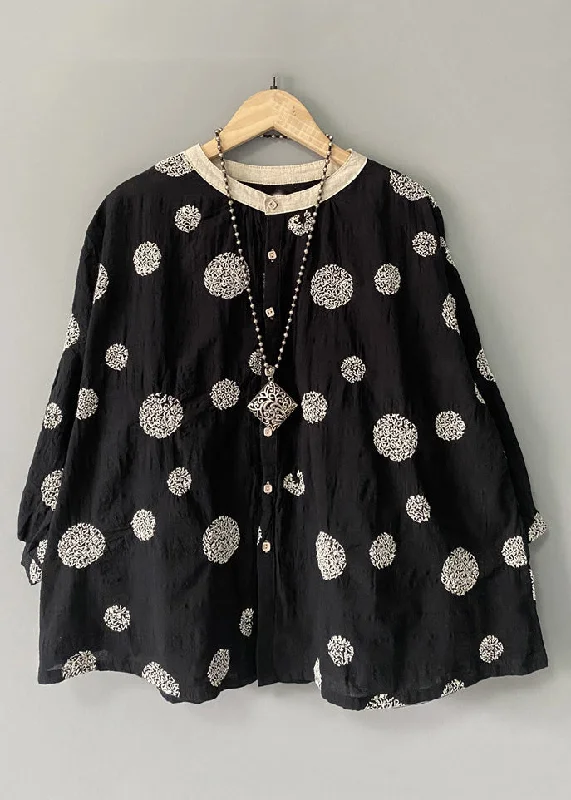 Black Dot Patchwork Linen Top O Neck Long Sleeve Hip Women's Urban
