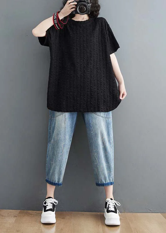 Loose Black Wrinkled Side Open Cotton T Shirt Top Summer performance