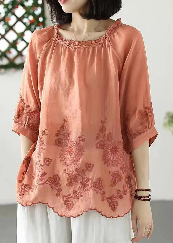 Bohemian Orange Ruffled Embroideried Linen T Shirt Summer Modern Women's 
