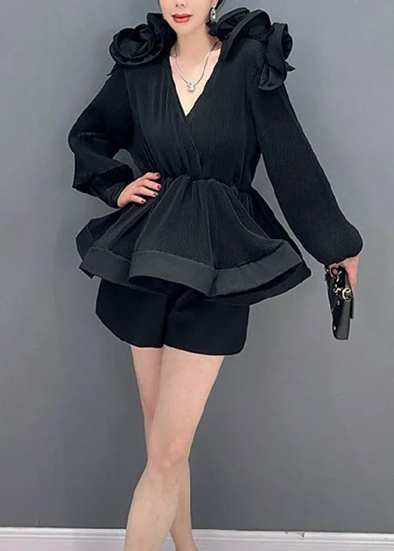 Black Patchwork Chiffon Shirt Tops Wrinkled Tunic Spring Australian Beach