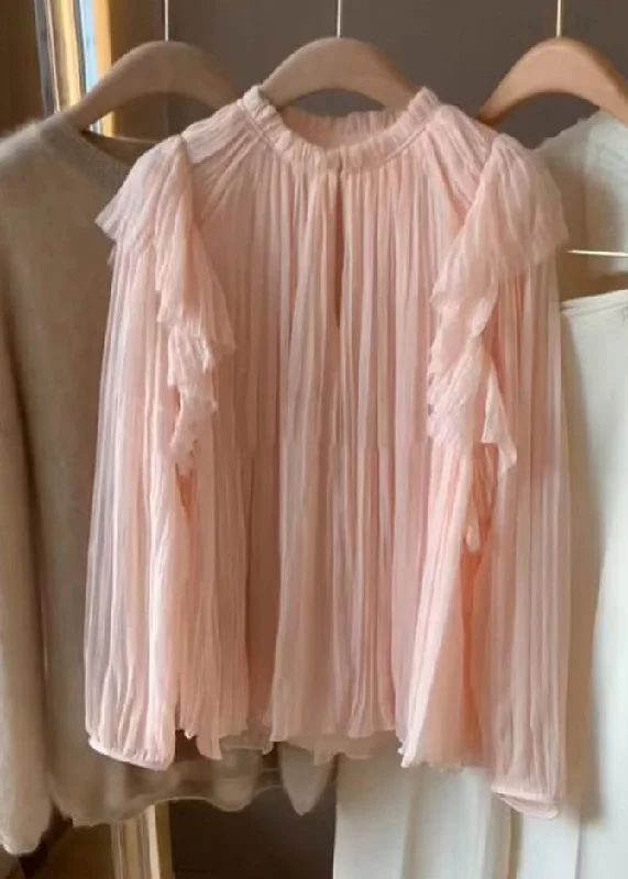 Elegant Pink Ruffled Solid Patchwork Chiffon Tops Long Sleeve Monochromatic All - in - one