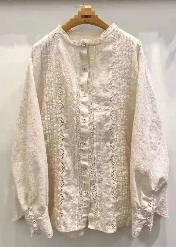 New Apricot O Neck Embroideried Button Cotton Shirt Spring Casual Women's Loose - fitting