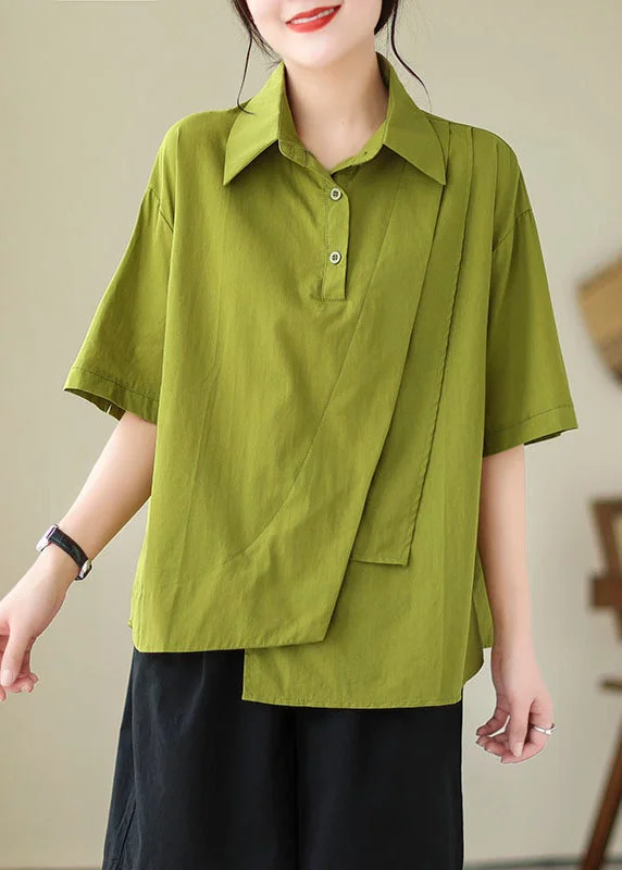 Plus Size Green Peter Pan Collar Asymmetrical Cotton Shirt Top Summer Cool Women's Distressed Plus Size Green Peter Pan Collar Asymmetrical Cotton Shirt Top Summer Cool Women's Distressed