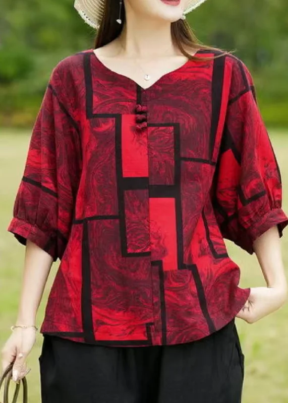 Casual Red Print Patchwork Top Summer Classic Women's Tweed