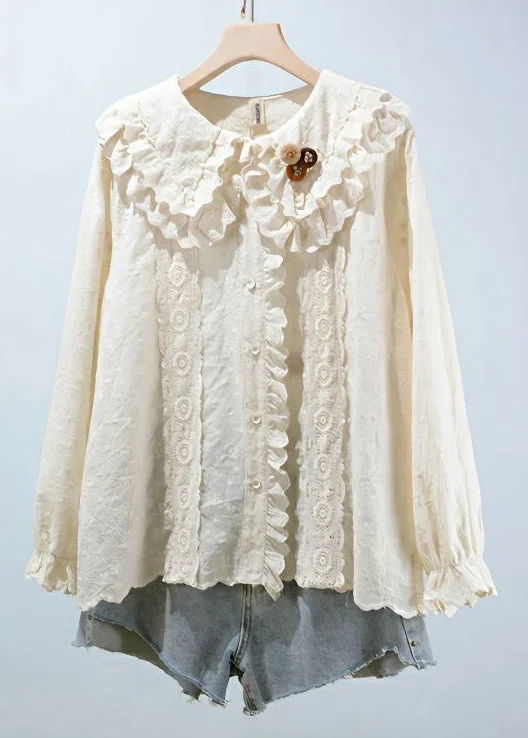 Women Beige Embroideried Button Cotton Blouses Long Sleeve Earthy Women's 