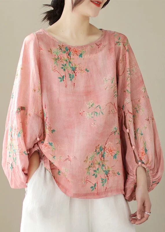Women Pink Print Button Patchwork Cotton Tops Long Sleeve Cool Women's Distressed