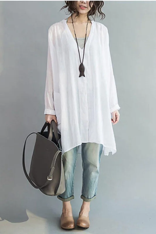 Art Casual Loose Long V-neck Cotton Shirt Women Clothes Geometric