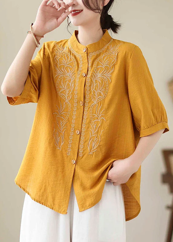 Women Yellow Embroideried Button Cotton T Shirt Short Sleeve Scandinavian