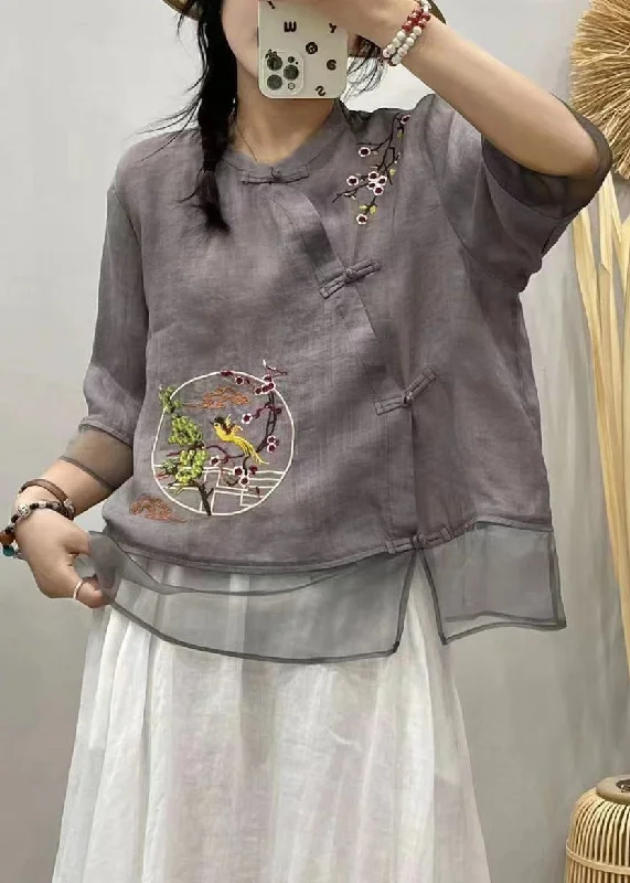 Grey Tulle Patchwork Cotton Shirt O Neck Bracelet Sleeve Cool Women's Distressed