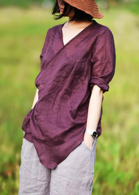 Simple Wine Red V Neck Lace Up Linen Shirts Bracelet Sleeve Feminine Women's Soft 