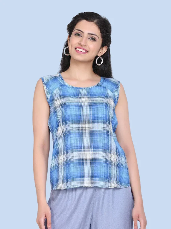 Check Cotton Top - Sky Blue and Grey Bold Women's Statement