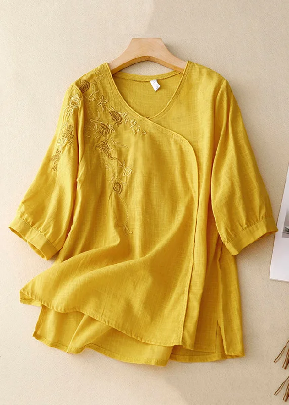Stylish Yellow V Neck Embroideried  Linen Blouses Bracelet Sleeve Sporty Women's Athleisure 