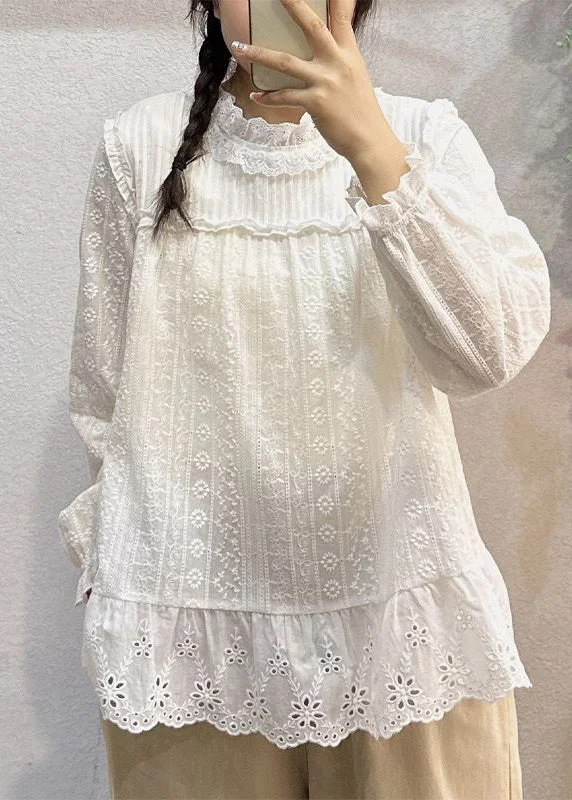 Women White Hollow Out Lace Patchwork Cotton Top Long Sleeve Disco