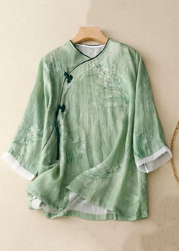 Green Chinese Button Cotton Shirts O Neck Bracelet Sleeve Vintage Women's 1970S 