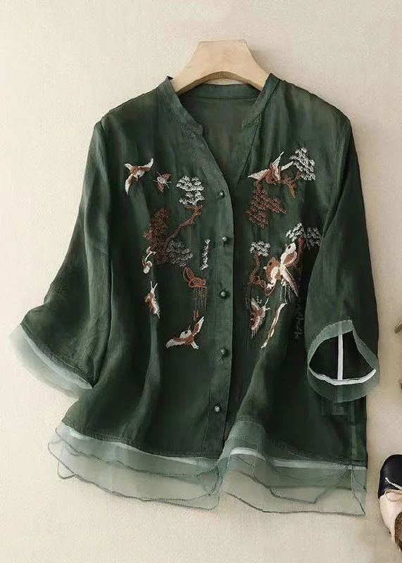Loose Green Embroideried Button Patchwork Cotton Top Spring Compression