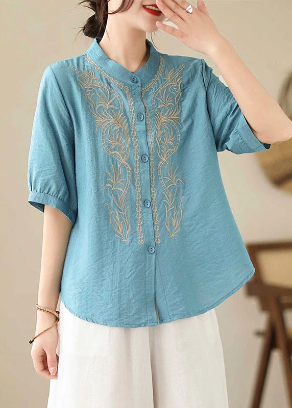 New Blue Stand Collar Button Embroideried Cotton Shirt Summer Sharp Women's Italian