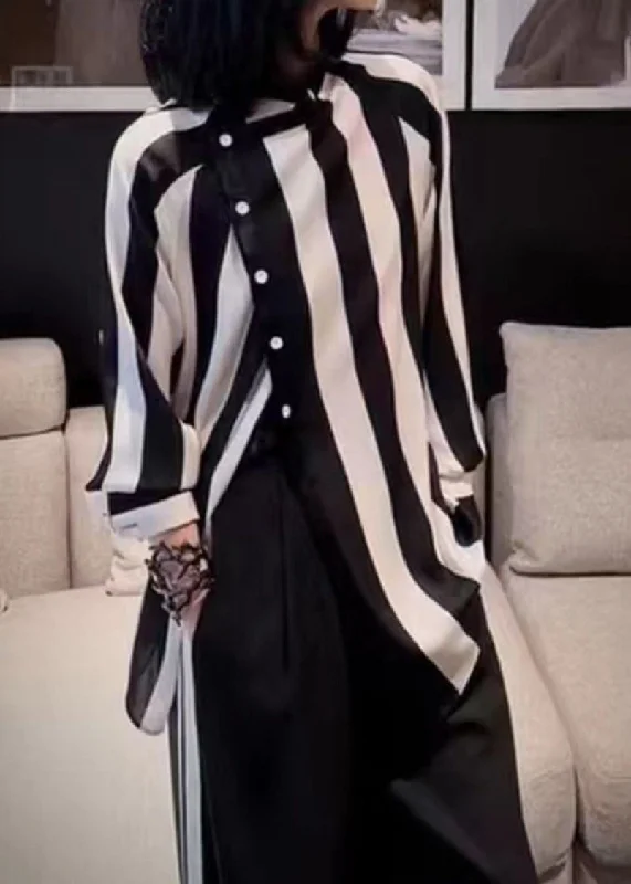 French Striped Asymmetrical Button Chiffon Blouses Spring Refined Women's 