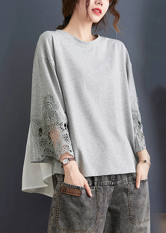 Women Grey Ruffled Lace Patchwork Cotton Tops Spring Trendy Women's Oversized