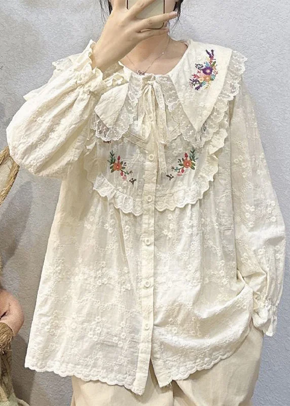 Loose Beige Embroidered Lace Patchwork Cotton Shirt Long Sleeve Streetwear Style for 