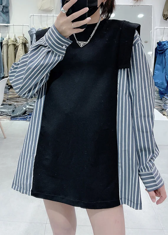 Chic Black O-Neck Striped Patchwork Sweatshirts Spring Monochromatic All - in - one