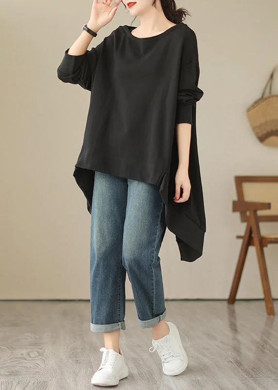 Chic Black O Neck Low High Design Cotton Tops Spring Relaxed Women's Beachy