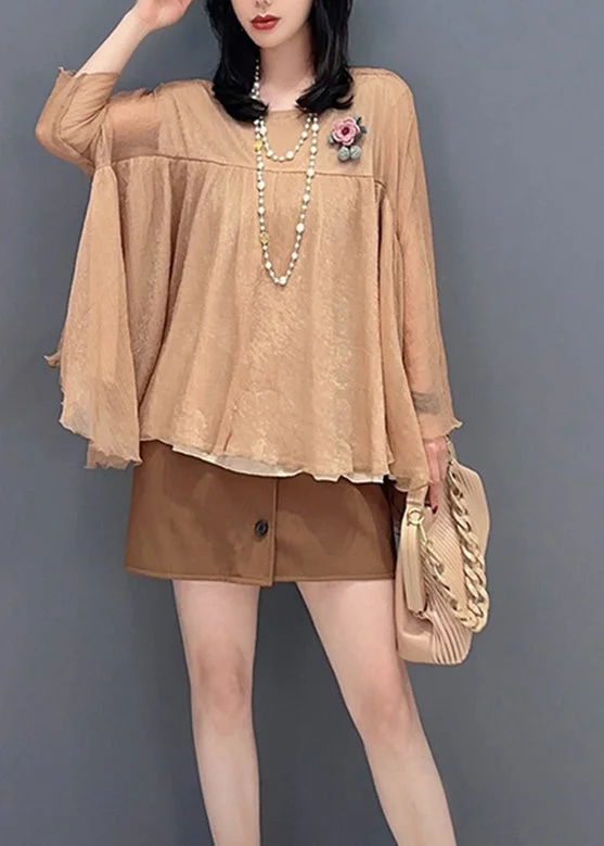 Loose Khaki O-Neck Patchwork Tulle Tops Long Sleeve Classic Women's Tweed