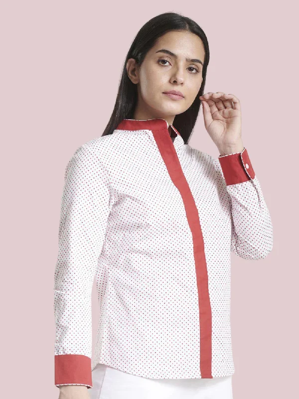 Mandarin Collar Cotton Shirt - White and Red Luxurious Women's High -  end