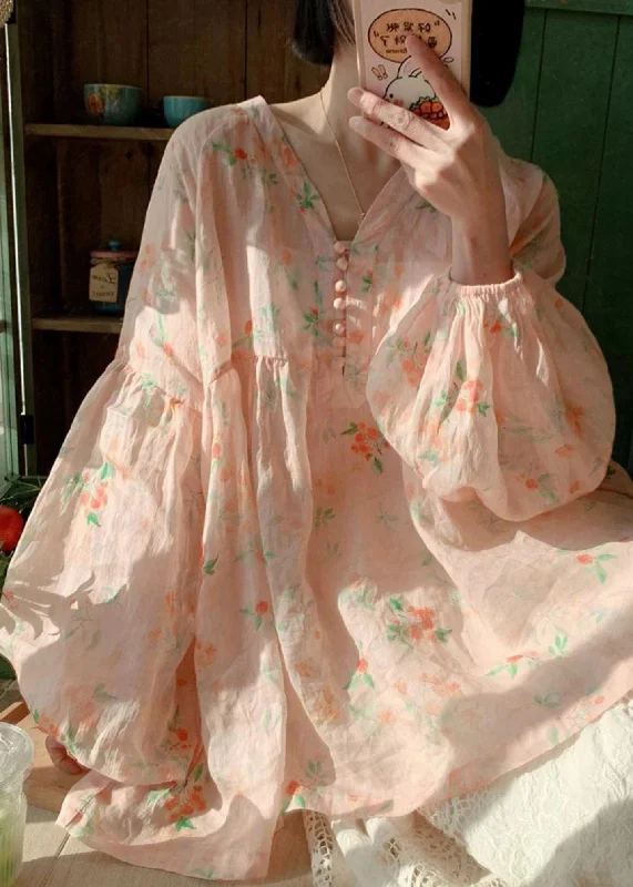 Fashion Pink V Neck Button Print Patchwork Cotton Top Lantern Sleeve Stylish Women's Tropical 