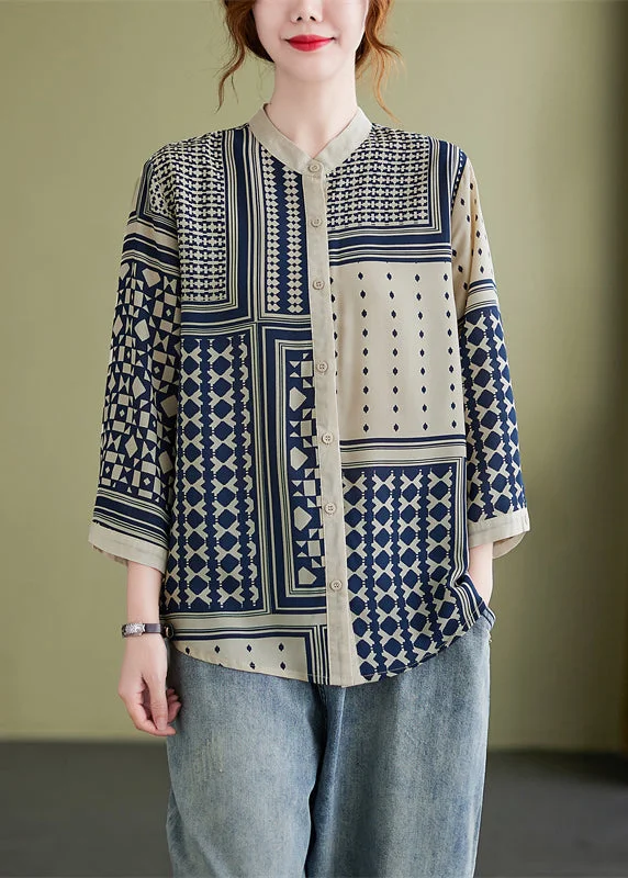 Bohemian Stand Collar Print Cotton Chiffon Shirts Bracelet Sleeve Elegant Women's 