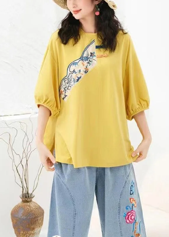 Yellow Cotton T Shirt Top Asymmetrical Embroideried Summer Earthy Women's 