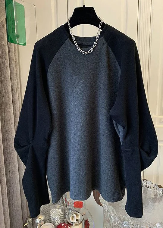 Simple Black O Neck Patchwork Cotton T Shirt Long Sleeve Hip Women's Urban