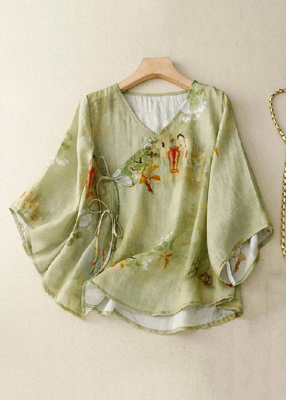 Green Button Lace Up Cotton Blouse V Neck Bracelet Sleeve Sophisticated Women's Tailored