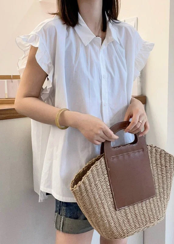 White Low High Design Cotton Top Peter Pan Collar Short Sleeve Contemporary 