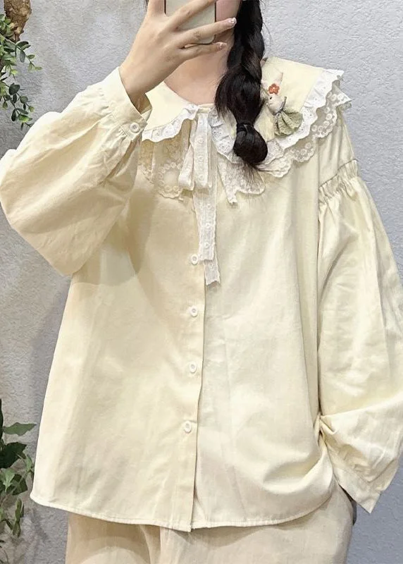 Loose Beige Lace Up Button Patchwork Cotton Shirt Spring Stylish Women's Neon