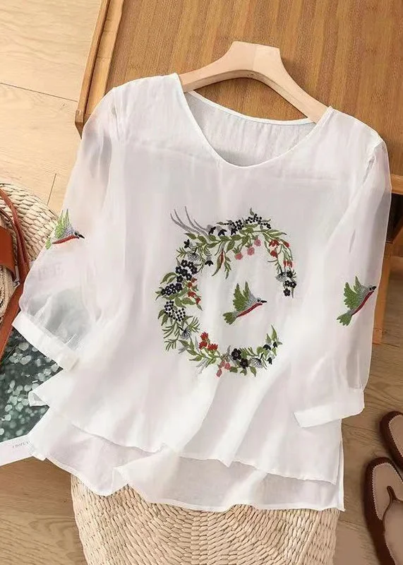 Women White O Neck Embroideried Cotton T Shirts Summer Polished Women's Silk