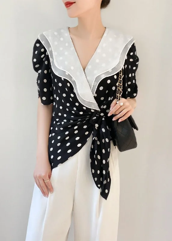New Black Dot Lace Up Patchwork Chiffon Top Short Sleeve Youthful Women's Anime - inspired